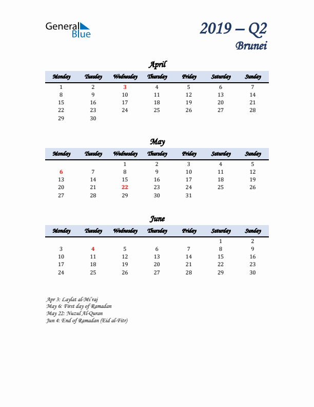 April, May, and June Calendar for Brunei with Monday Start