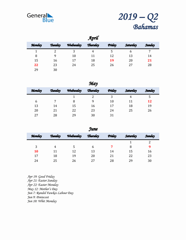 April, May, and June Calendar for Bahamas with Monday Start