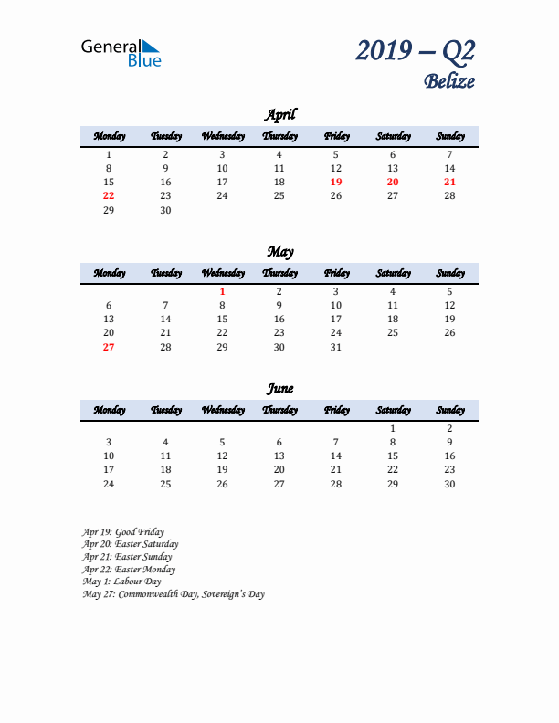 April, May, and June Calendar for Belize with Monday Start