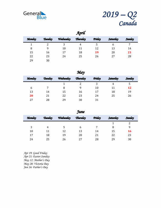 April, May, and June Calendar for Canada with Monday Start