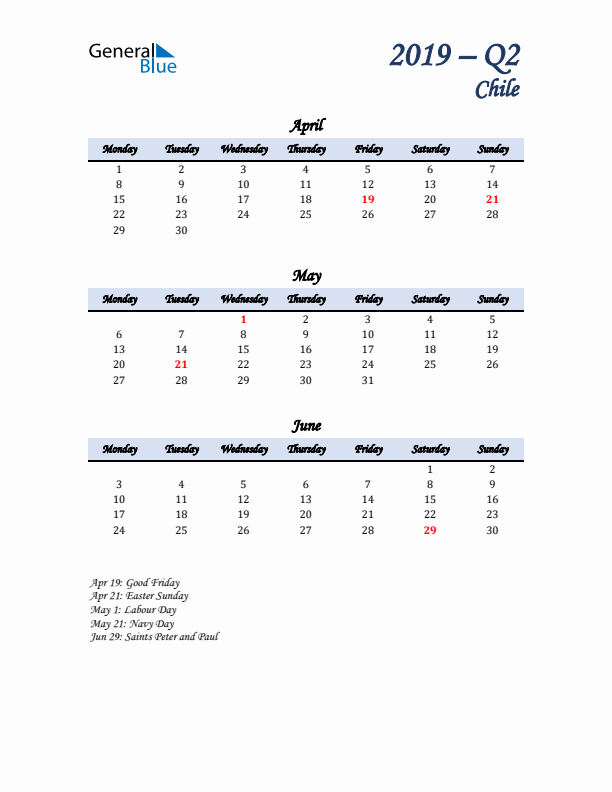 April, May, and June Calendar for Chile with Monday Start