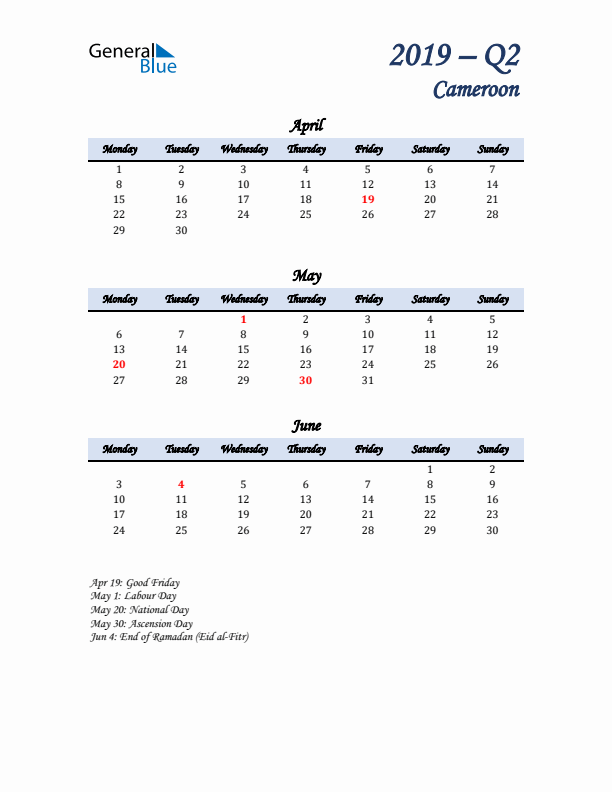 April, May, and June Calendar for Cameroon with Monday Start