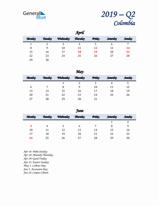 April, May, and June Calendar for Colombia with Monday Start