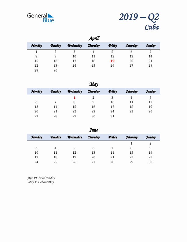 April, May, and June Calendar for Cuba with Monday Start