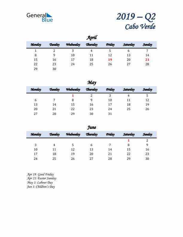 April, May, and June Calendar for Cabo Verde with Monday Start