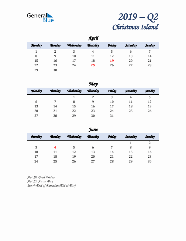 April, May, and June Calendar for Christmas Island with Monday Start