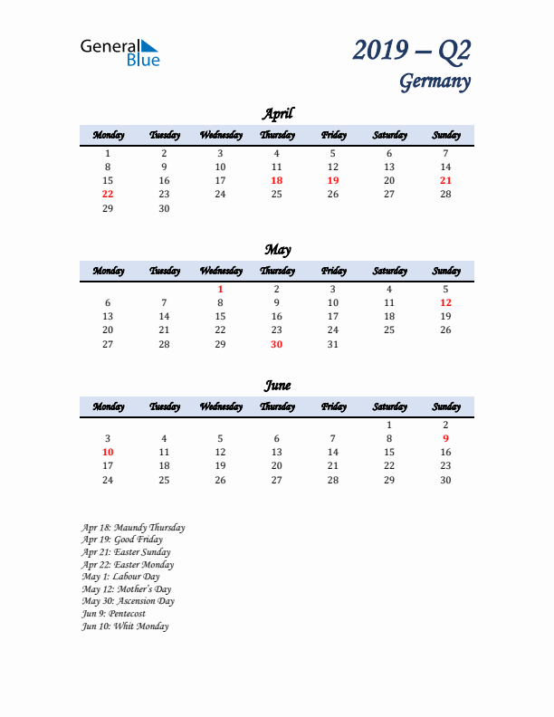 April, May, and June Calendar for Germany with Monday Start