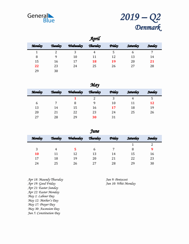 April, May, and June Calendar for Denmark with Monday Start