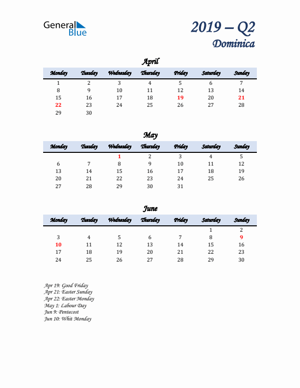 April, May, and June Calendar for Dominica with Monday Start