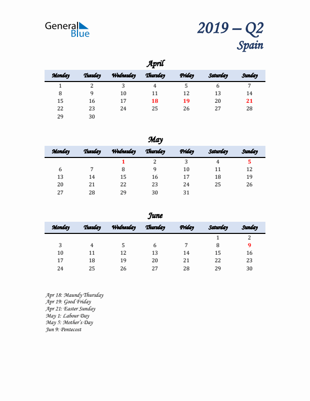 April, May, and June Calendar for Spain with Monday Start