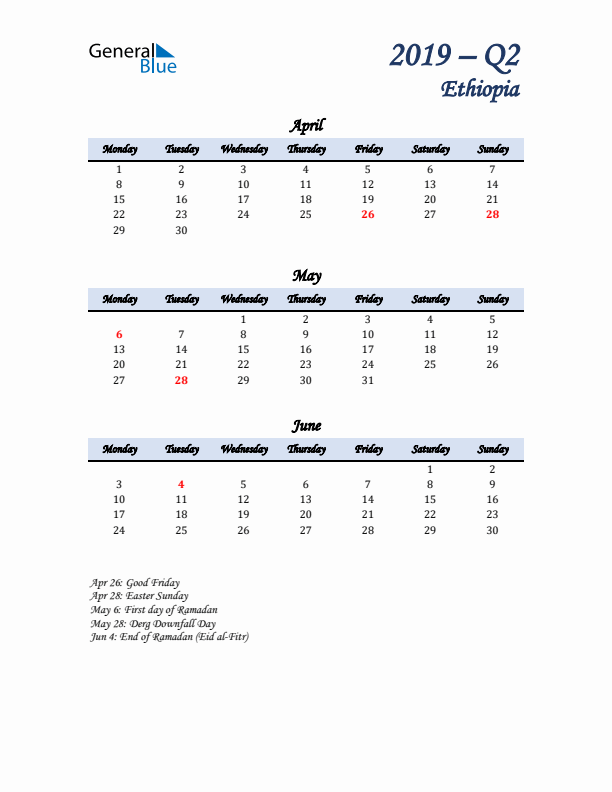 April, May, and June Calendar for Ethiopia with Monday Start