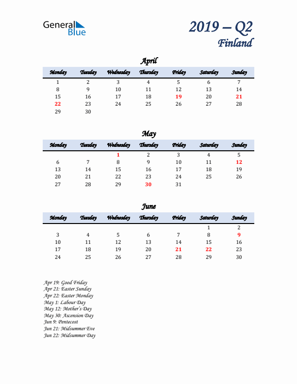 April, May, and June Calendar for Finland with Monday Start