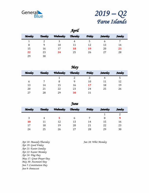 April, May, and June Calendar for Faroe Islands with Monday Start