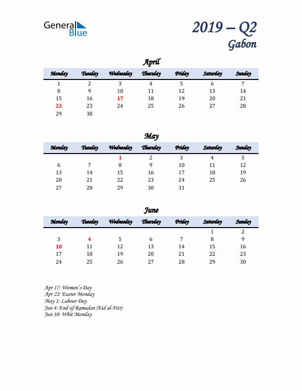 April, May, and June Calendar for Gabon with Monday Start