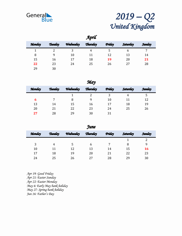 April, May, and June Calendar for United Kingdom with Monday Start