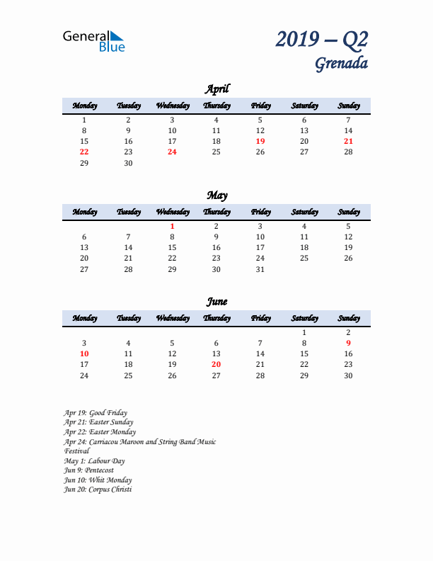 April, May, and June Calendar for Grenada with Monday Start