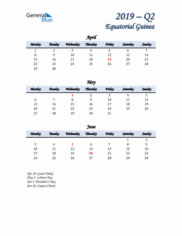 April, May, and June Calendar for Equatorial Guinea with Monday Start