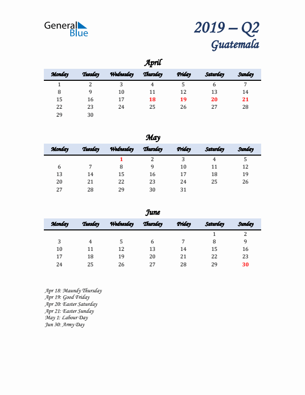 April, May, and June Calendar for Guatemala with Monday Start