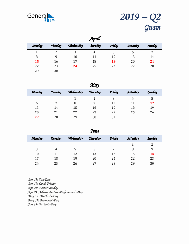 April, May, and June Calendar for Guam with Monday Start