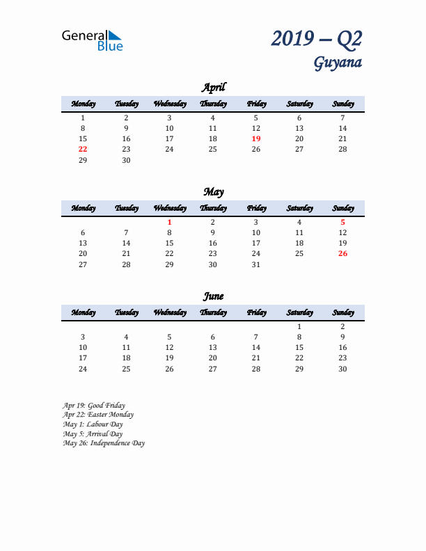 April, May, and June Calendar for Guyana with Monday Start