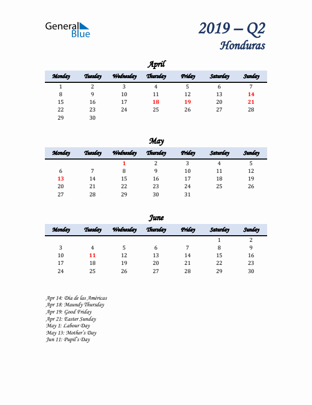 April, May, and June Calendar for Honduras with Monday Start