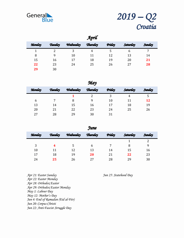 April, May, and June Calendar for Croatia with Monday Start