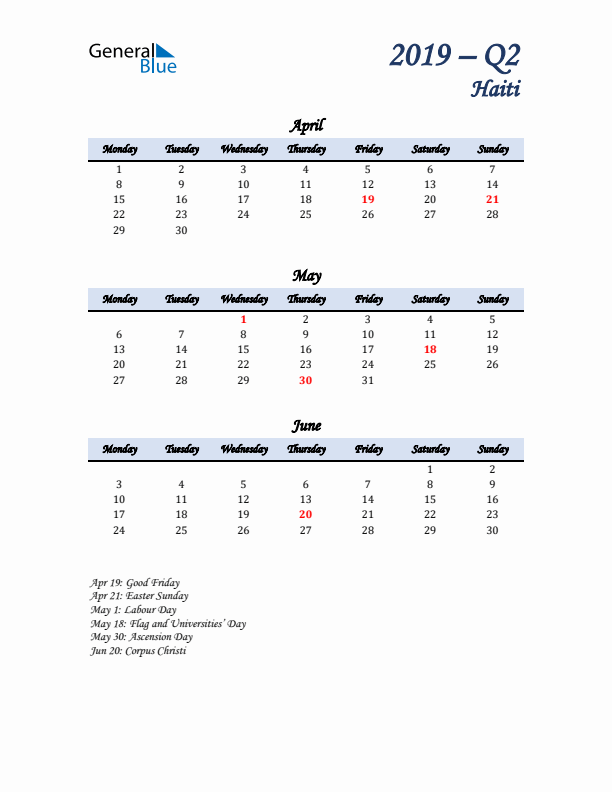 April, May, and June Calendar for Haiti with Monday Start