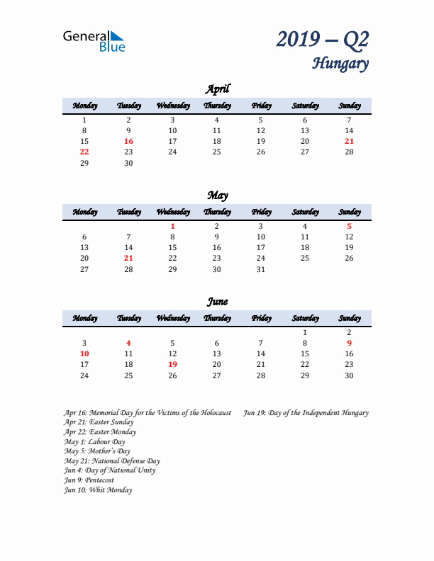 April, May, and June Calendar for Hungary with Monday Start