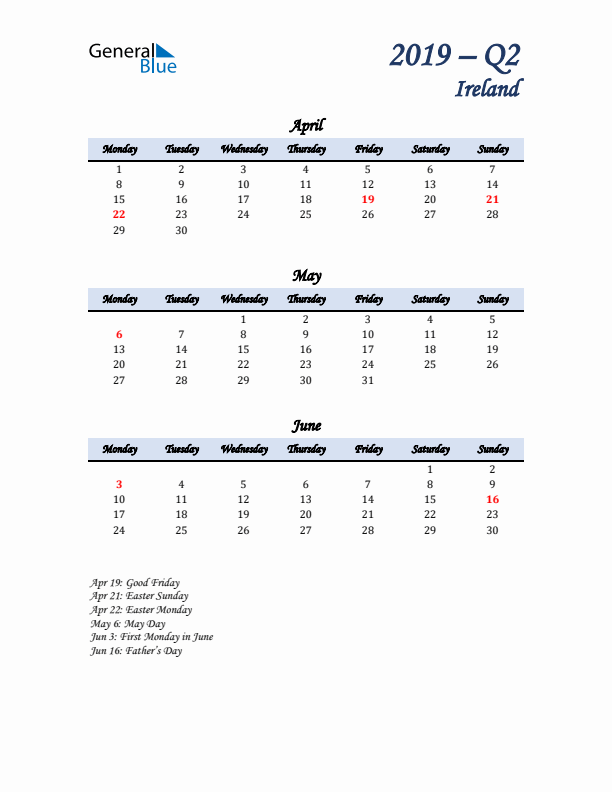 April, May, and June Calendar for Ireland with Monday Start