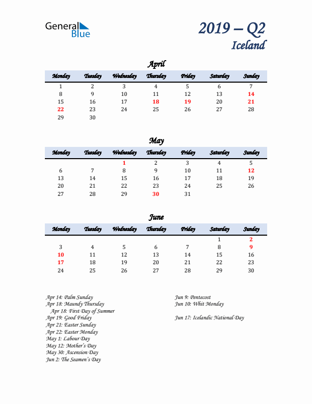 April, May, and June Calendar for Iceland with Monday Start