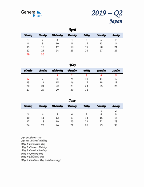 April, May, and June Calendar for Japan with Monday Start