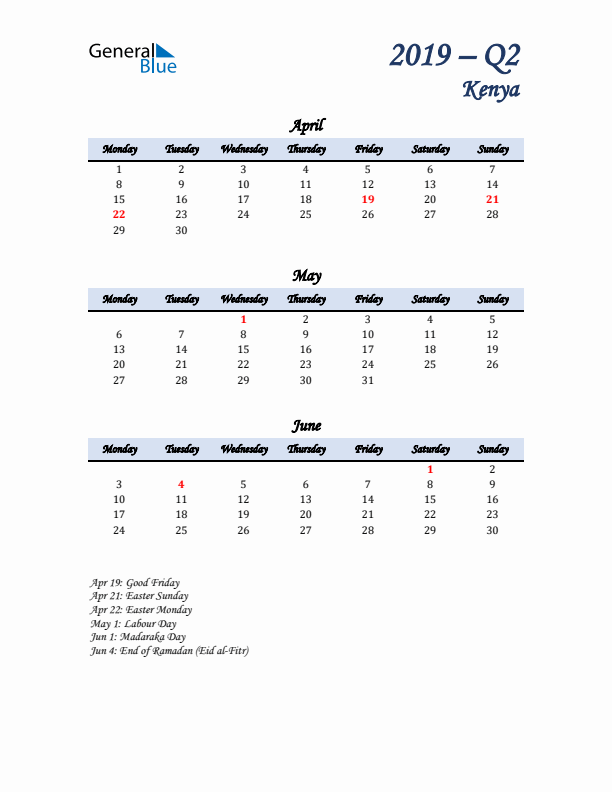 April, May, and June Calendar for Kenya with Monday Start