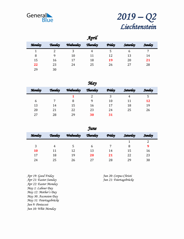 April, May, and June Calendar for Liechtenstein with Monday Start