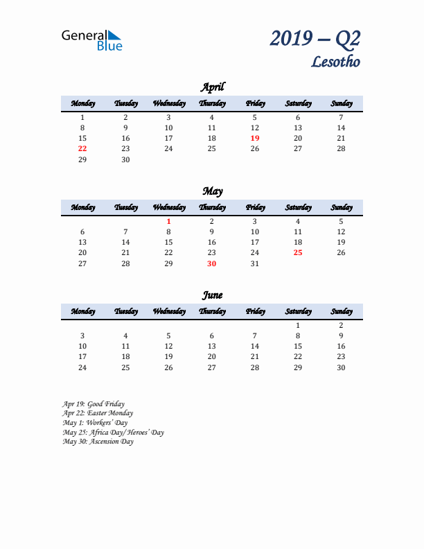 April, May, and June Calendar for Lesotho with Monday Start