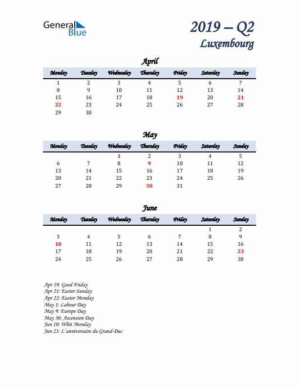 April, May, and June Calendar for Luxembourg with Monday Start