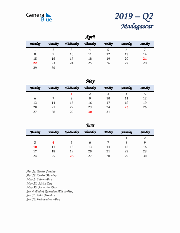 April, May, and June Calendar for Madagascar with Monday Start