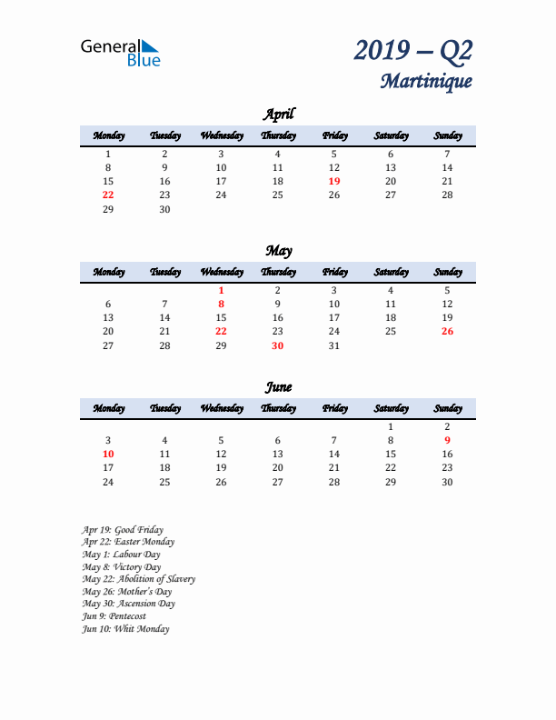 April, May, and June Calendar for Martinique with Monday Start