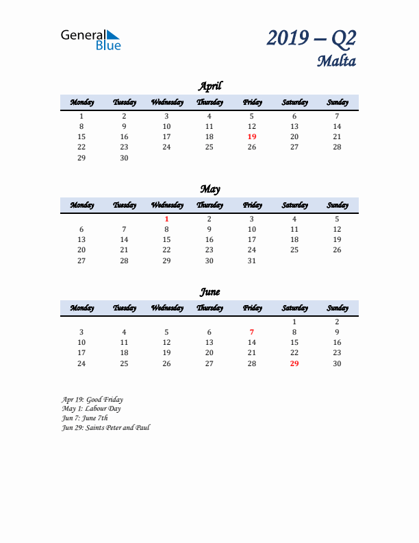 April, May, and June Calendar for Malta with Monday Start