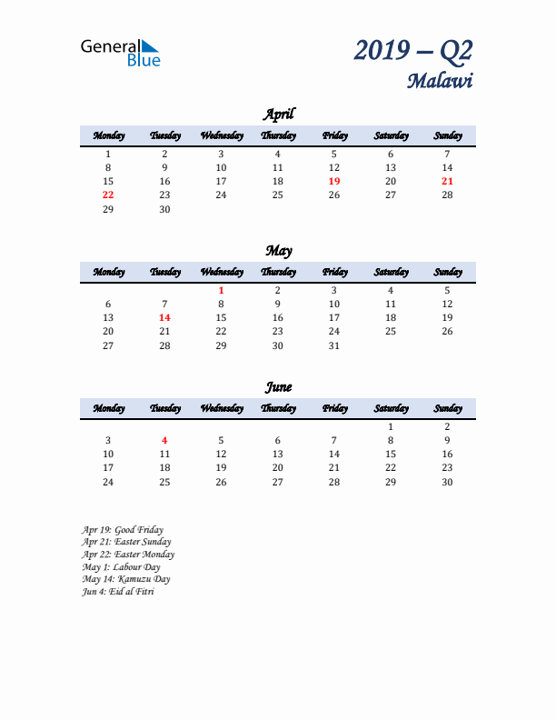 April, May, and June Calendar for Malawi with Monday Start