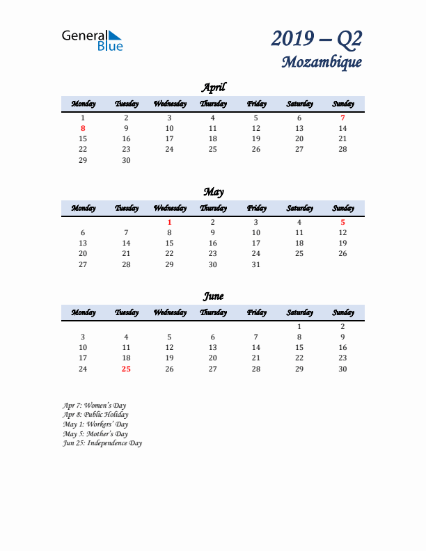 April, May, and June Calendar for Mozambique with Monday Start