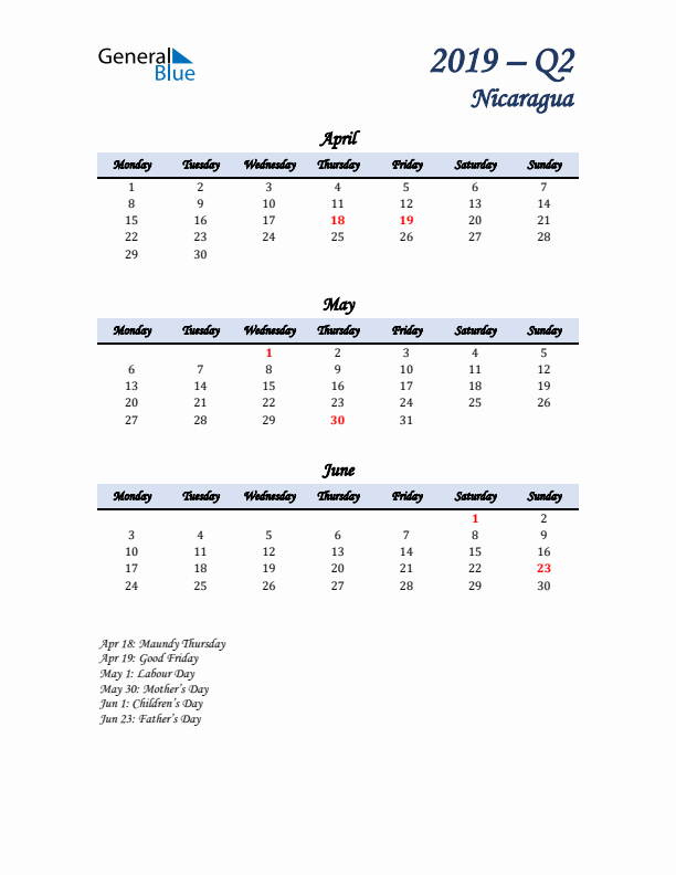 April, May, and June Calendar for Nicaragua with Monday Start