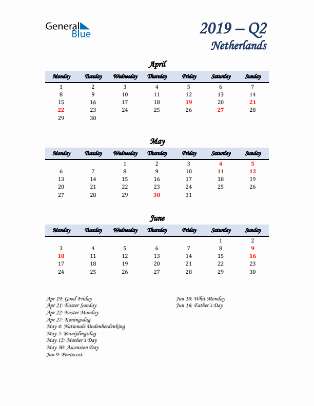 April, May, and June Calendar for The Netherlands with Monday Start