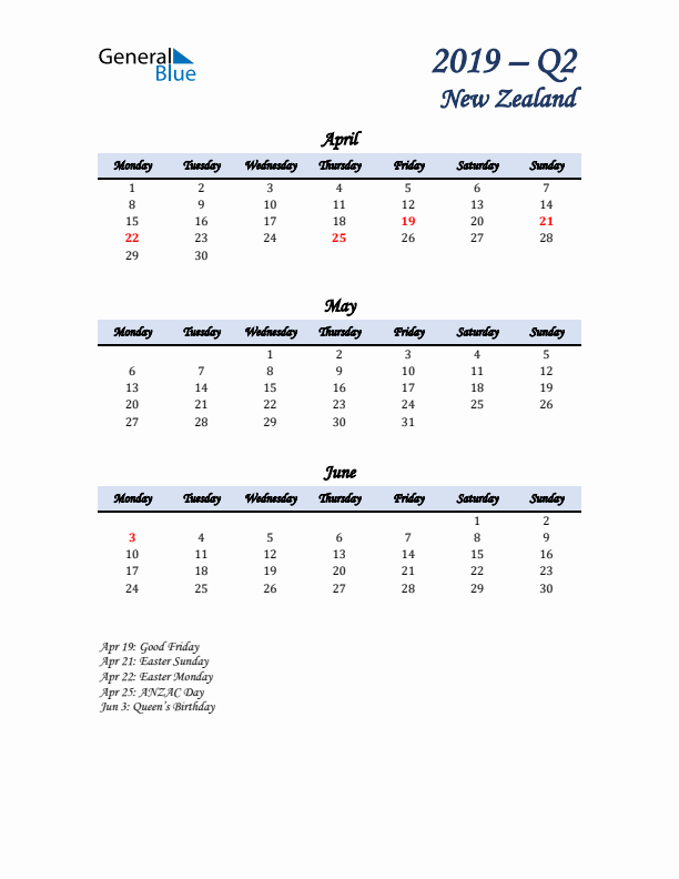 April, May, and June Calendar for New Zealand with Monday Start