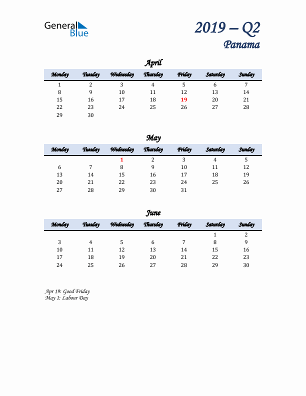 April, May, and June Calendar for Panama with Monday Start