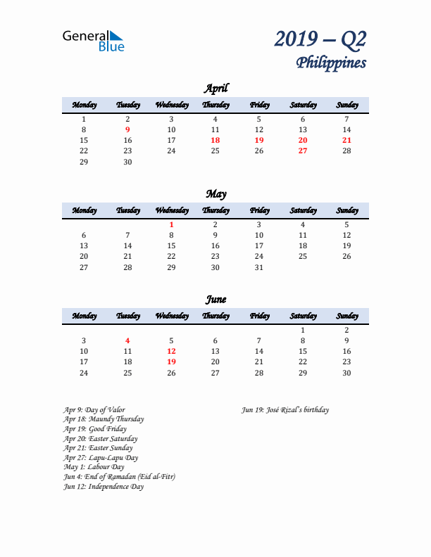 April, May, and June Calendar for Philippines with Monday Start