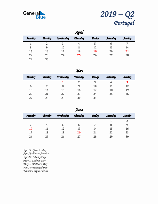 April, May, and June Calendar for Portugal with Monday Start