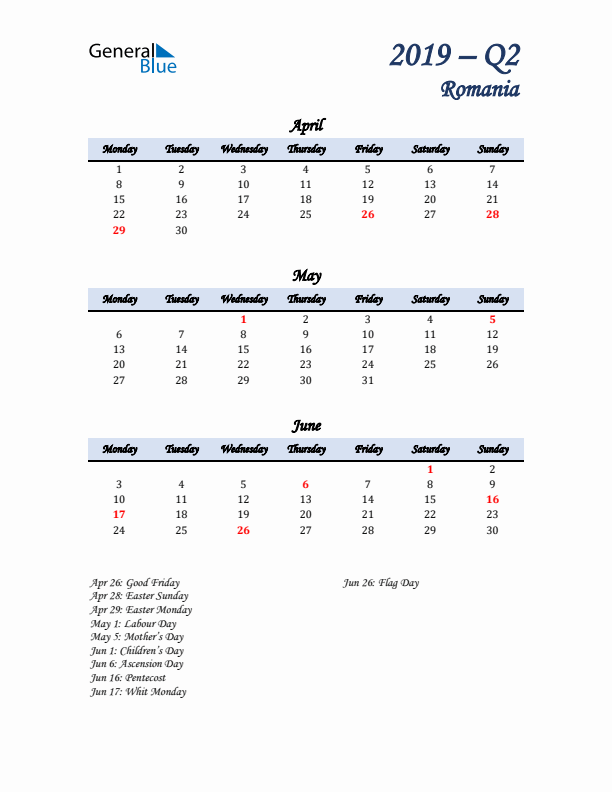 April, May, and June Calendar for Romania with Monday Start