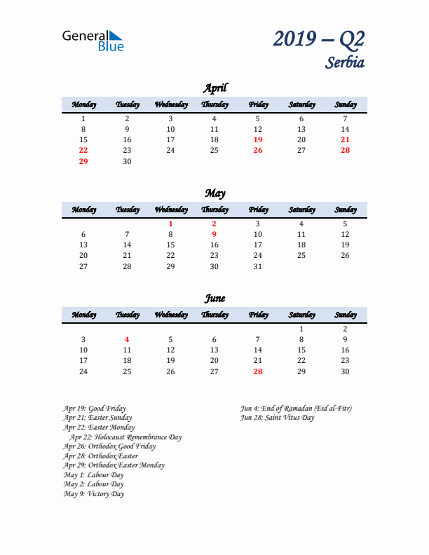 April, May, and June Calendar for Serbia with Monday Start