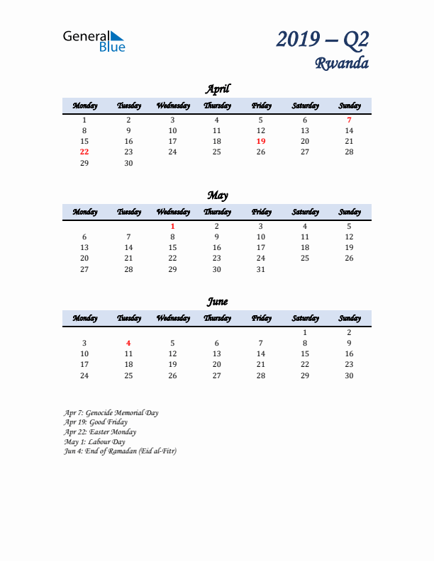 April, May, and June Calendar for Rwanda with Monday Start