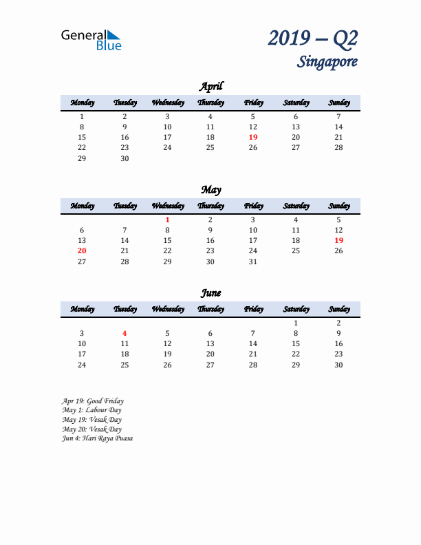 April, May, and June Calendar for Singapore with Monday Start